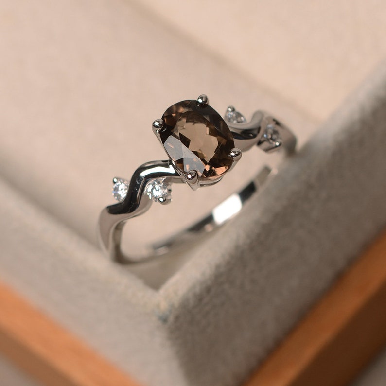 Smoky quartz ring sterling silver ring oval shape brown gemstone ring