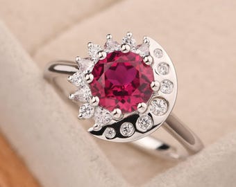 Pierścionek z rubinem o szlifie okrągłym o masie 1,66 ct, pierścionek rocznicowy ze srebra próby 925, pierścionek z kamieniem urodzeniowym z lipca