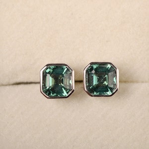 Green sapphire stud earrings, sterling silver, asscher cut minimalist earrings, tiny daily wear earrings stud