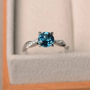 Real London blue topaz rings, promise rings, round cut blue gems, silver rings