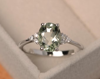 Green amethyst ring, oval gemstone ring, bridal ring, green stone ring, sterling silver