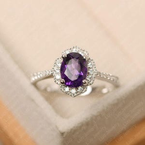 Purple amethyst ring, oval cut, February birthstone ring, sterling silver wedding ring