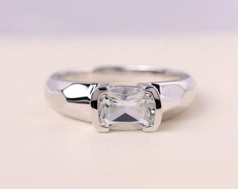Natural White Topaz Ring, Clear stone 6x8 mm Cushion-Cut 14k White gold Bezel Setting Ring for Her