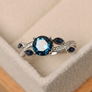 Genuine London Blue Topaz Ring, Leaf Shaped, Round Cut, Twist Band Ring ...