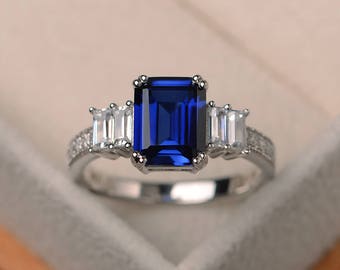 Engagement ring, blue sapphire ring, September birthstone, emerald cut gemstone, sterling silver ring