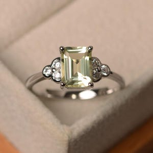 lemon quartz ring, yellow green gemstone ring, emerald cut yellow crystal, sterling silver,anniversary ring