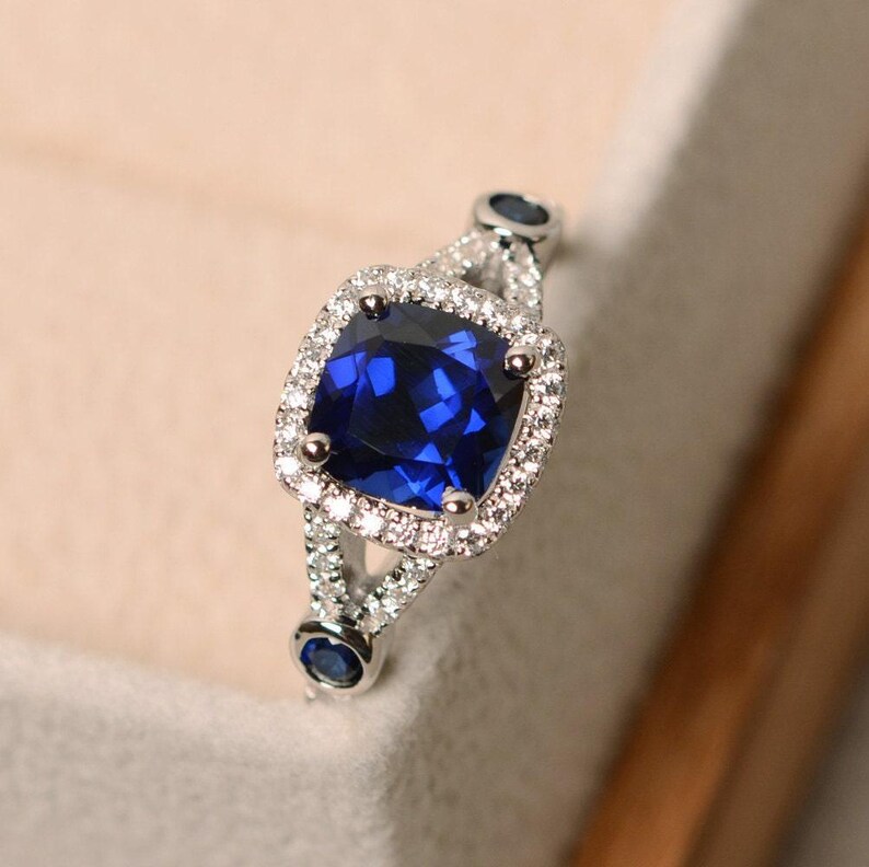 Sapphire engagement ring, cushion cut, blue sapphire ring, blue gemstone ring silver image 2