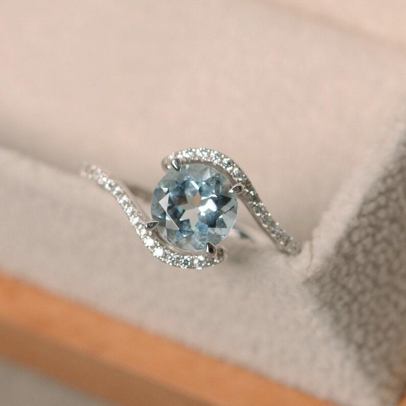 Aquamarine ring white gold, wedding ring, round cut aquamarine image 2