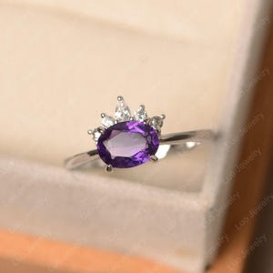 Purple amethyst ring, February birthstone, oval cut gemstone, sterling silver engagement ring