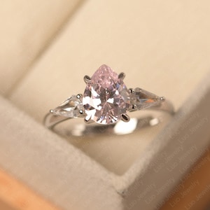 Pink cubic zirconia engagement ring,tear drop shaped, solid silver, CZ wedding ring