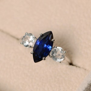 Blue sapphire ring, three stone ring, marquise cut ring, marquise sapphire, sterling silver, dinner ing