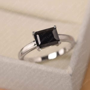 Natural black spinel ring, sterling silver anniversary ring, emerald cut solitaire stone ring