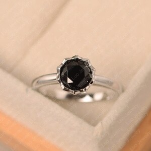 Natuarl black spinel ring, sterling silver, solitaire engagement ring, round cut black stone ring