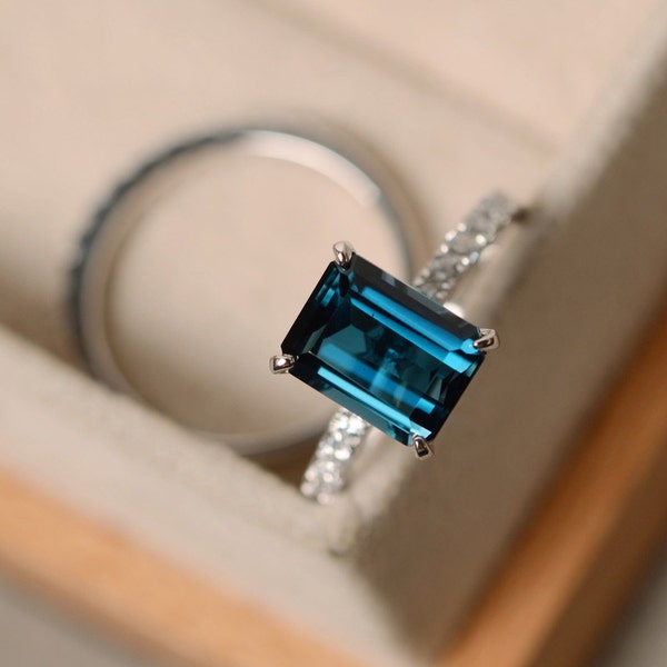 London blue topaz bridal set, sterling silver, emerald cut, wedding ring set, November birthstone ring