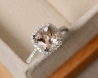 Natural morganite engagement ring, cushion cut, pink stone, sterling silver, handmade wedding ring