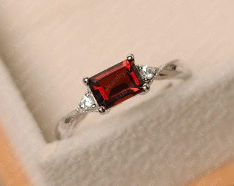 Anillo de granate, anillo de piedra natal de enero, oro blanco, anillo de aniversario para mujer