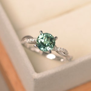 Green sapphire ring, green round cut gemstone, sterling silver engagement ring, handmade gifts