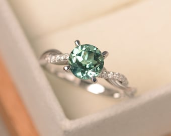 Green sapphire ring, green round cut gemstone, sterling silver engagement ring, handmade gifts