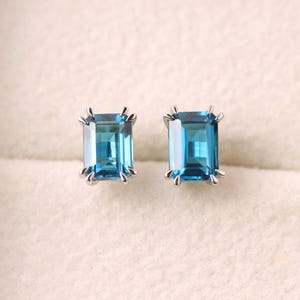 Delicate London blue topaz stud earrings, emerald cut 1.25 carats, blue stone earrings, sterling silver, November birthstone