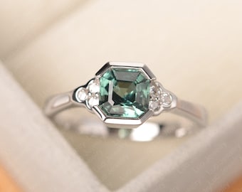 Green Sapphire Ring, Asscher Cut, Solid Sterling Silver, Unique