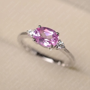 Lab pink sapphire ring, sterling silver wedding ring for women, oval cut pink gemstone ring