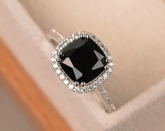 Black spinel ring, halo ring, cushion cut, black rings, gemstone ring, promise ring black, sterling silver