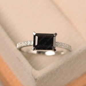 Black spinel ring, emerald cut black stone ring, white gold engagement ring for women