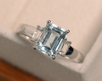 Natural aquamarine ring, blue gemstone, engagement ring, emerald cut, sterling silver