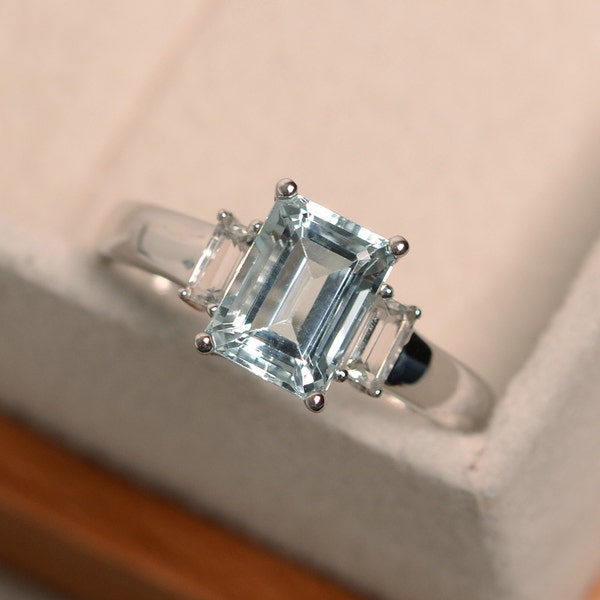 Natural aquamarine ring, blue gemstone, engagement ring, emerald cut, sterling silver