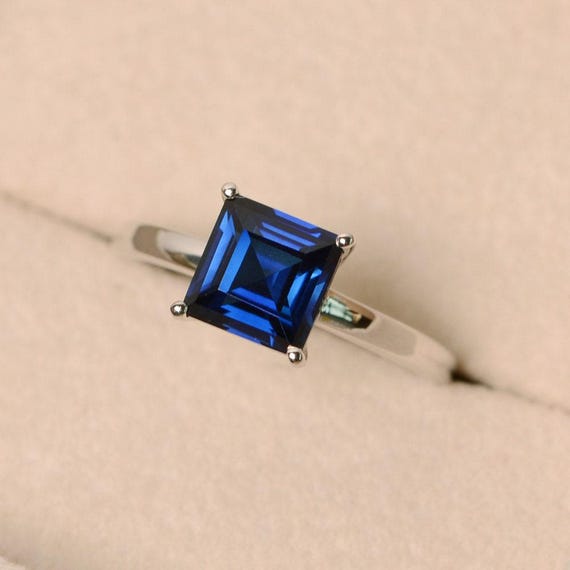Sapphire ring, square ring, blue sapphire ring, solitaire ring, sterling silver
