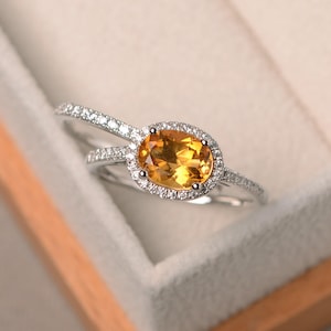 Natural citrine ring, November birthstone, oval cut gems, yellow gemstone, sterling silver ring, bridal sets