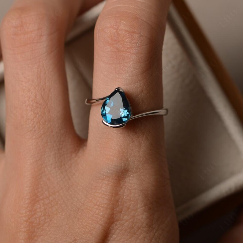 London blue topaz ring, pear cut blue gemstone, sterling silver finished with rhodium, engagement ring, solitaire ring image 4