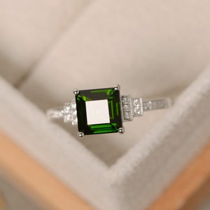 Diopside ring, square cut gemstone, chrome diopside, sterling silver