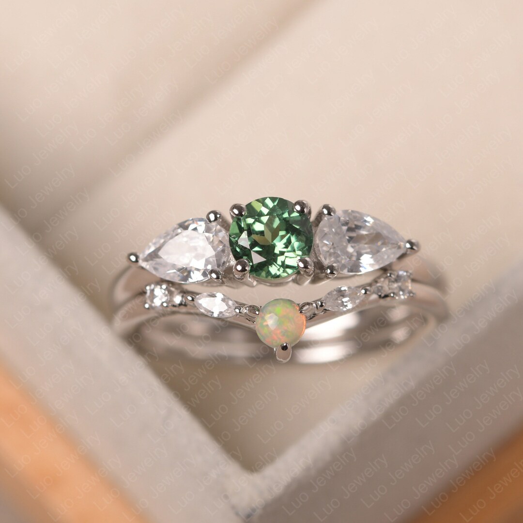 Custom Bridal Ring Sets Vintage Green Sapphire and Opal Etsy UK