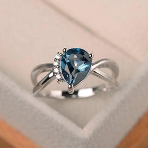 London blue topaz ring, wedding ring, pear cut blue gemstone, sterling silver ring