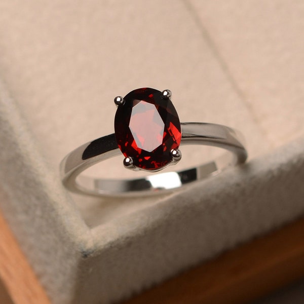 red garnet wedding ring, oval cut red gemstone ring, January birthstone ring, silver solitaire ring