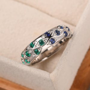 Sapphire and emerald and ruby ring for men,multi stone wedding band,silver stacking eternity Ring