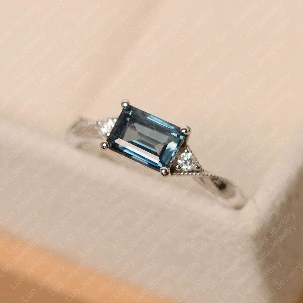 London Blue Topaz Ring Emerald Cut Sterling Silver - Etsy