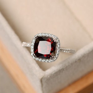 Garnet ring, cushion cut engagement ring, sterling silver, January birthstone, natural garnet