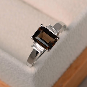 Cocktail party ring, natural smoky quartz ring, emerald cut brown gemstone, sterling silver ring image 2