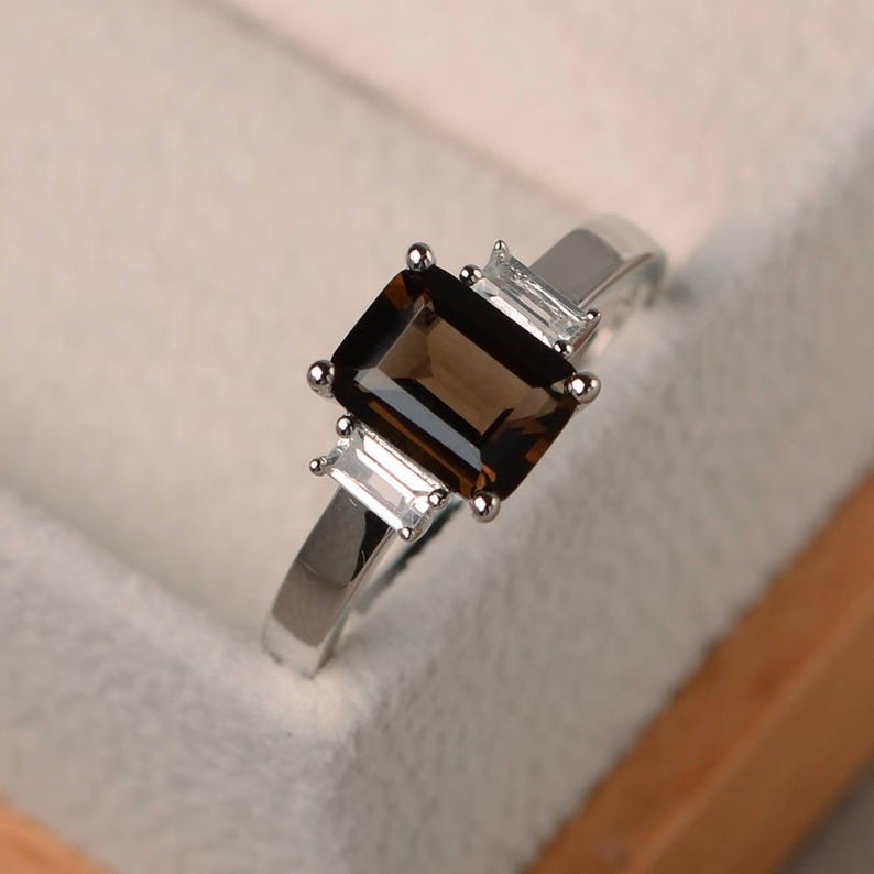Cocktail party ring, natural smoky quartz ring, emerald cut brown gemstone, sterling silver ring image 2