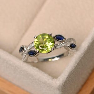 Natural peridot ring, leaf ring, peridot engagement ring, sterling silver image 1