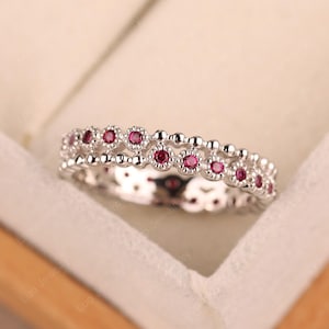 Vintage ruby stacking ring, eternity beaded wedding band ring,sterling silver,July birthstone ring