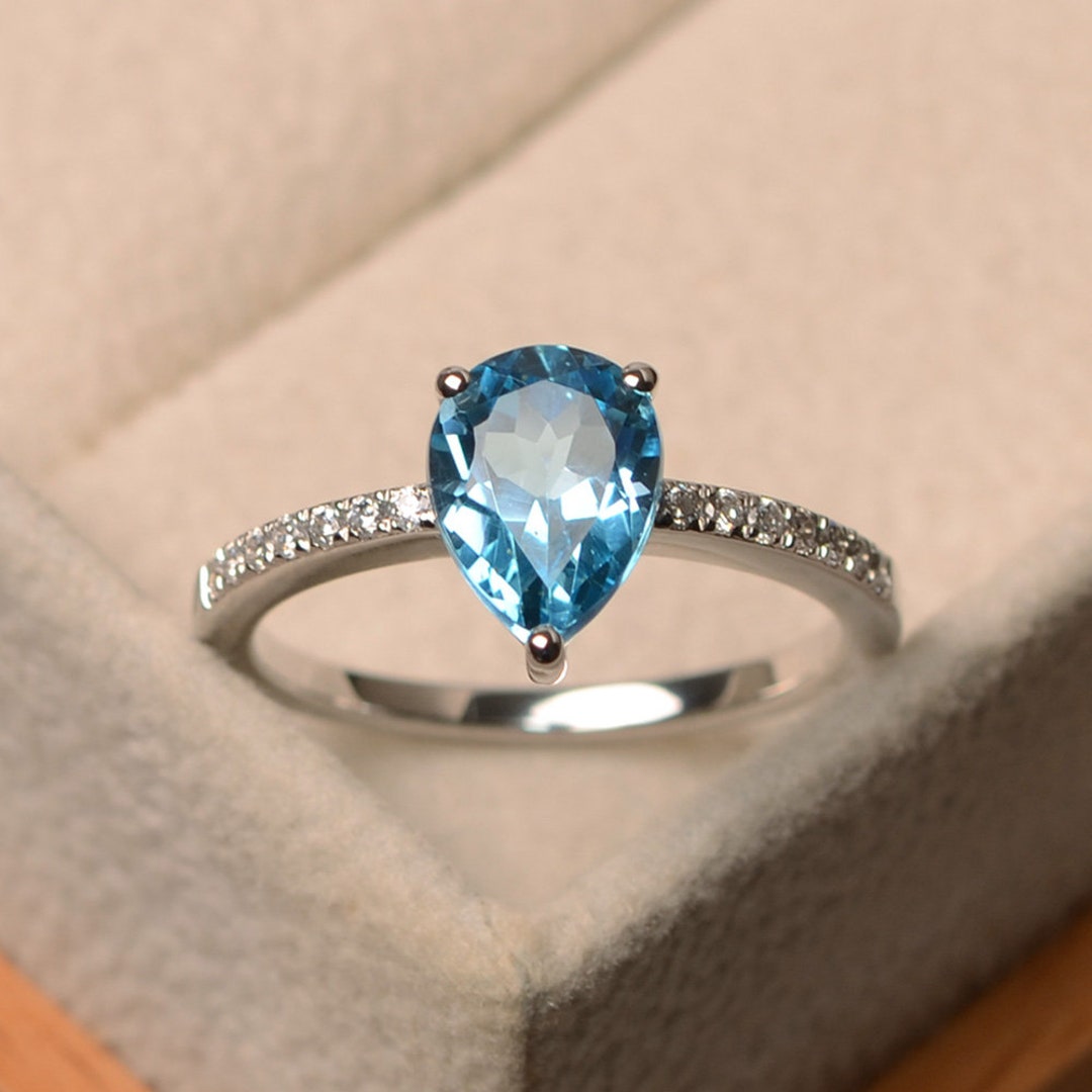 Swiss Blue Topaz Ring, Promise Ring, Pear Cut Blue Gemstone, Sterling ...