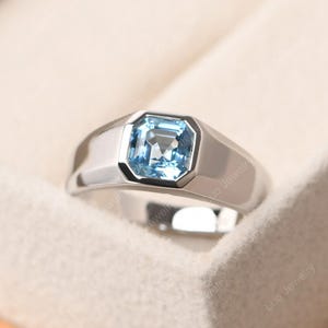 November birthstone ring for men, asscher cut Swiss blue topaz wedding ring,Christmas gift for him