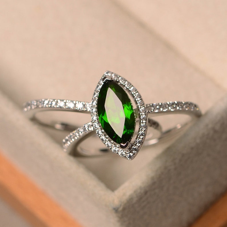 Natural diopside ring sterling silver ring promising ring for women halo ring marquise cut green gemstone