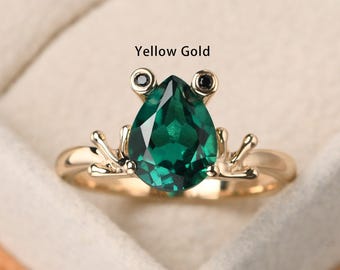 Lovely frog ring, frog engagement ring,unique emerald ring, pear cut May birthstone