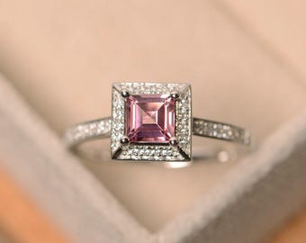 Anello con tormalina rosa, anello con taglio quadrato, anello con tormalina, anello con tormalina naturale