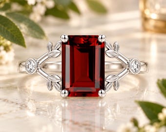 Rectangular Genuine Garnet Ring Emerald Cut Garnet Ring January Birthstone Ring Split Leaf Wedding Promise  Ring