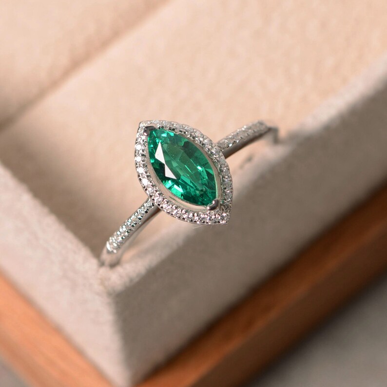 Lab grown emerald ring sterling silver marquise cut ring Etsy